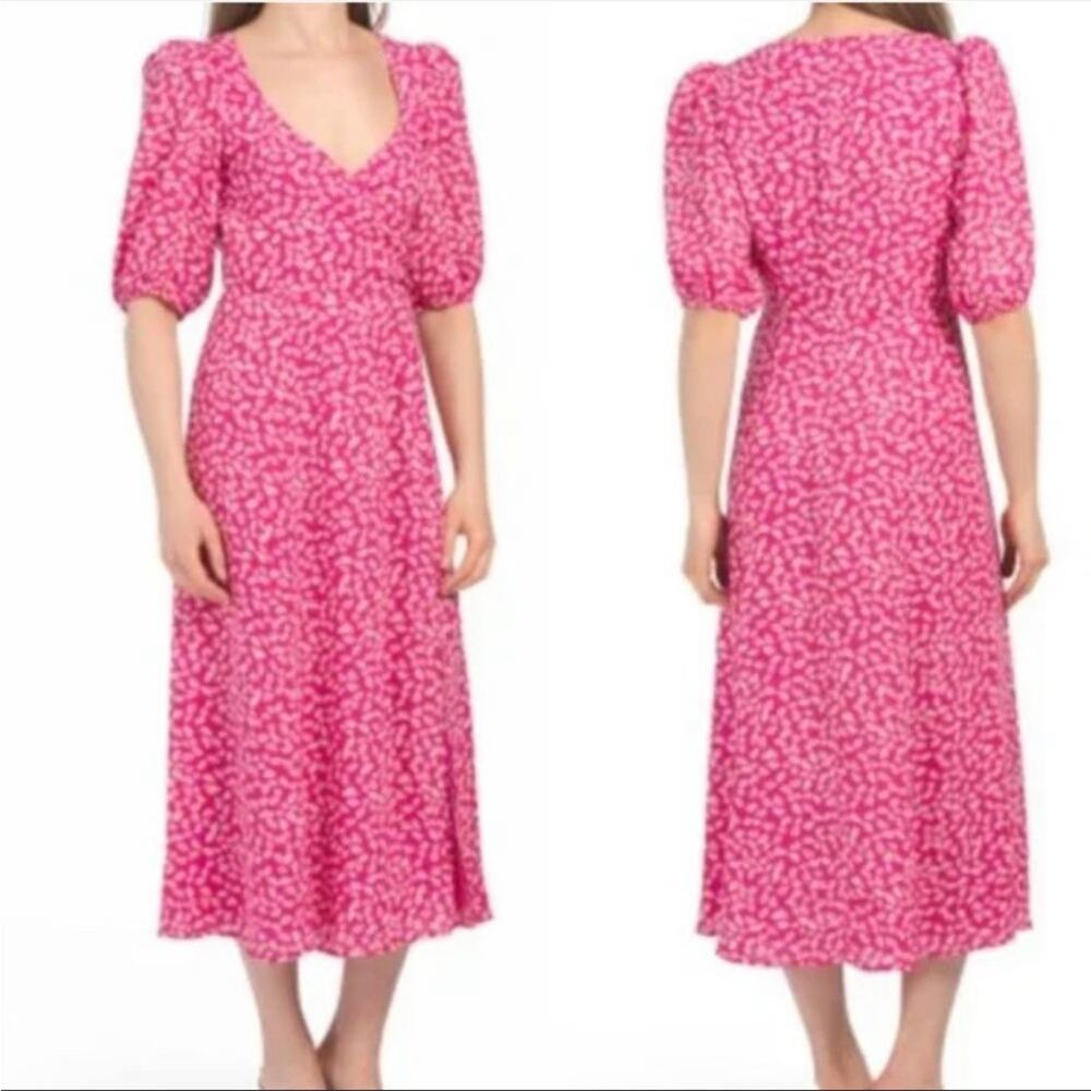 Wayf Pink Ditsy Floral Daisy Puff Sleeve Midi dress cottage barbiecore